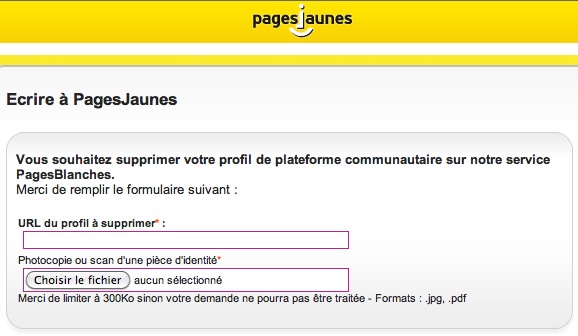 Le formulaire de droit à l'oubli des Pages Jaunes