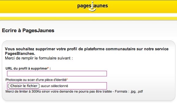 Le formulaire de droit à l'oubli des Pages Jaunes