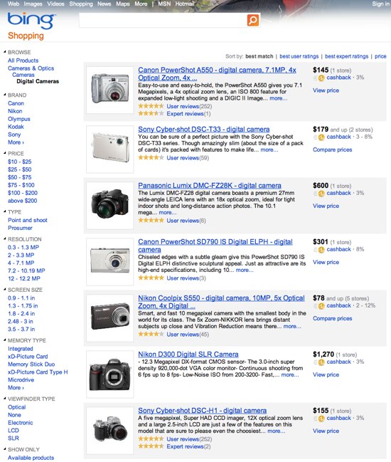 Les résultats de recherche structurés de Bing Shopping