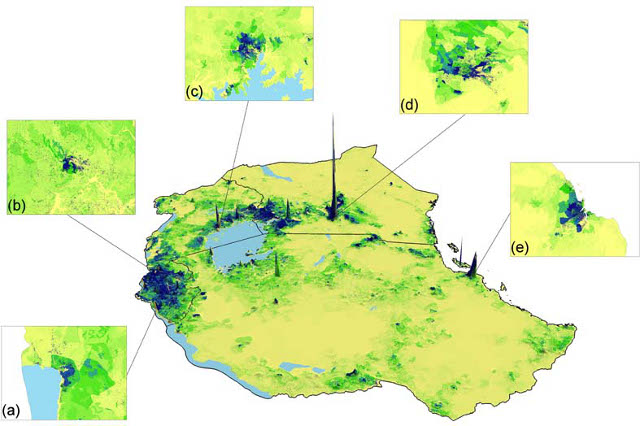 afripop Représentation en 3D d'une résolution spatiale à 100 mètres, version alpha, population d'Afrique de l'Est 2009 - afripop.org